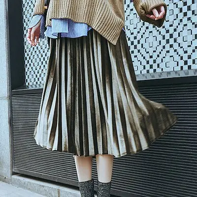 Gold Velvet Pleated Skirt Mid Length A-Line