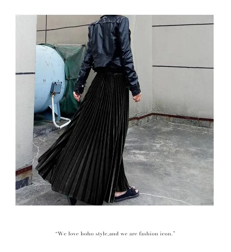 Gold Velvet Pleated Skirt Mid Length A-Line — feature 11