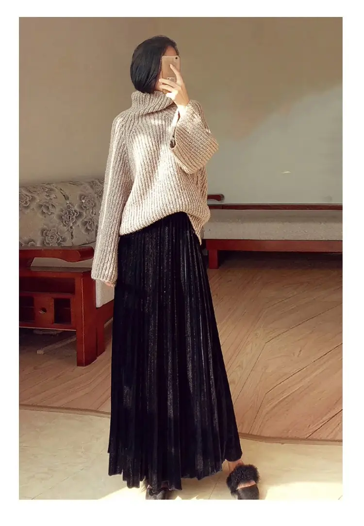 Gold Velvet Pleated Skirt Mid Length A-Line — feature 13
