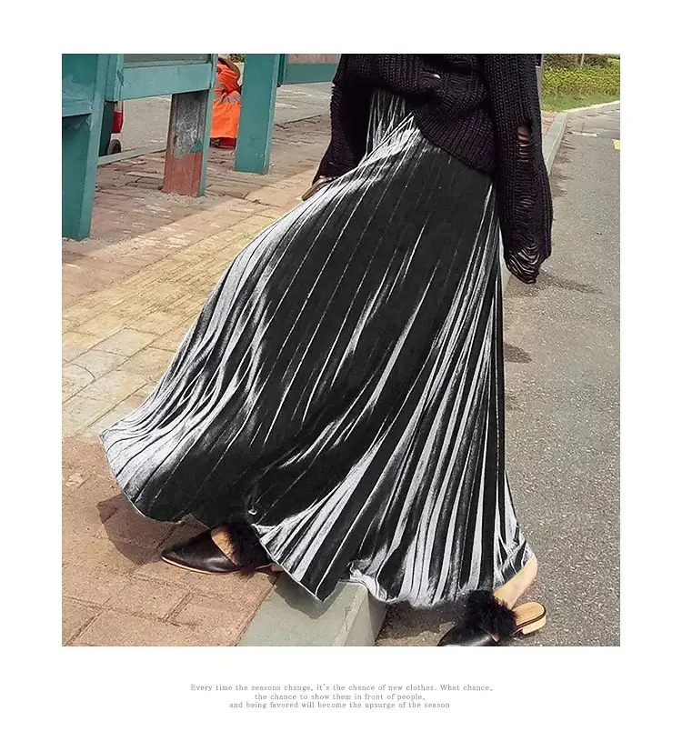 Gold Velvet Pleated Skirt Mid Length A-Line — feature 14