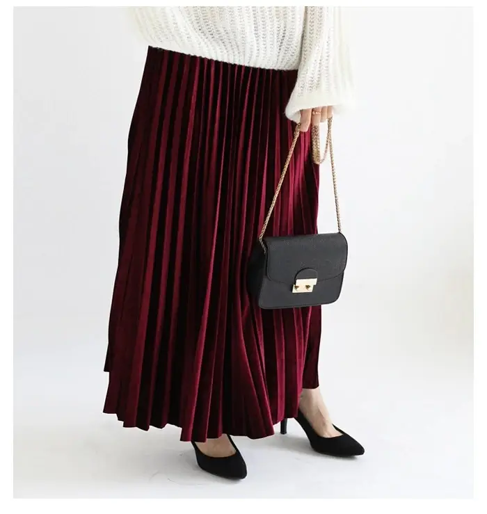 Gold Velvet Pleated Skirt Mid Length A-Line — feature 16