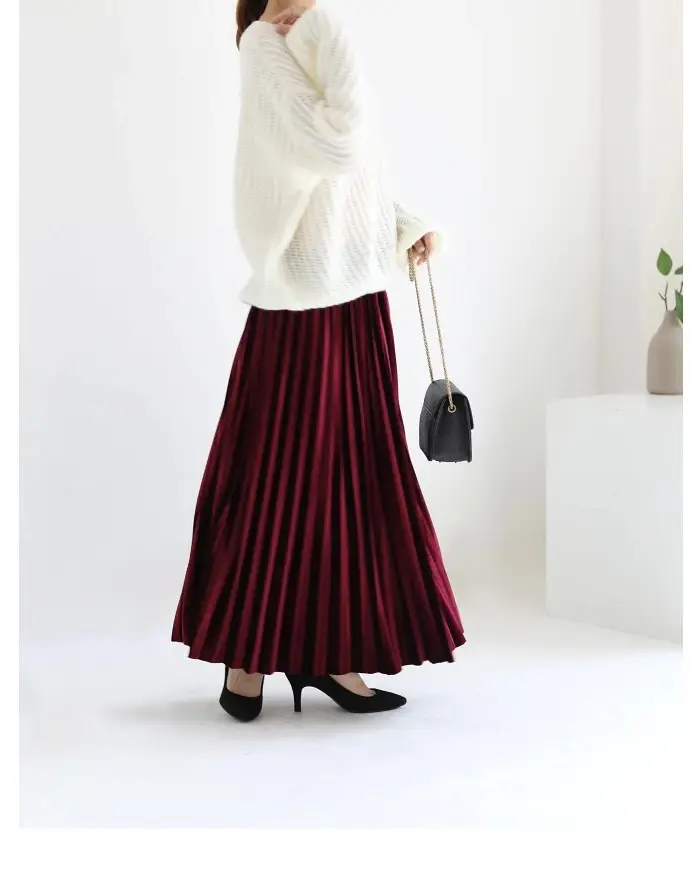 Gold Velvet Pleated Skirt Mid Length A-Line — feature 17