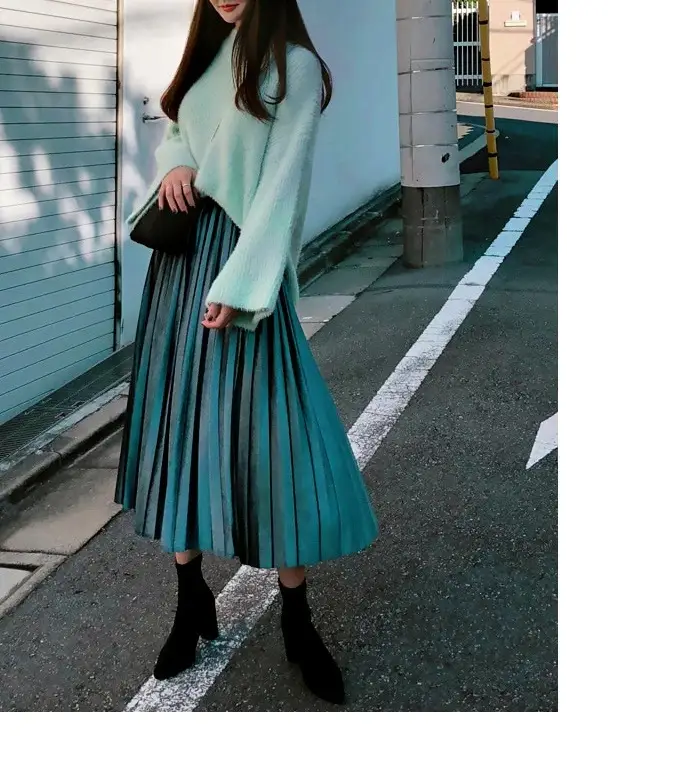 Gold Velvet Pleated Skirt Mid Length A-Line — feature 26