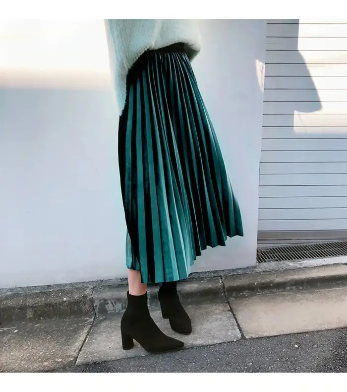 Gold Velvet Pleated Skirt Mid Length A-Line — feature 28