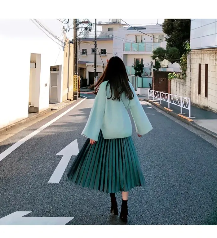 Gold Velvet Pleated Skirt Mid Length A-Line — feature 29
