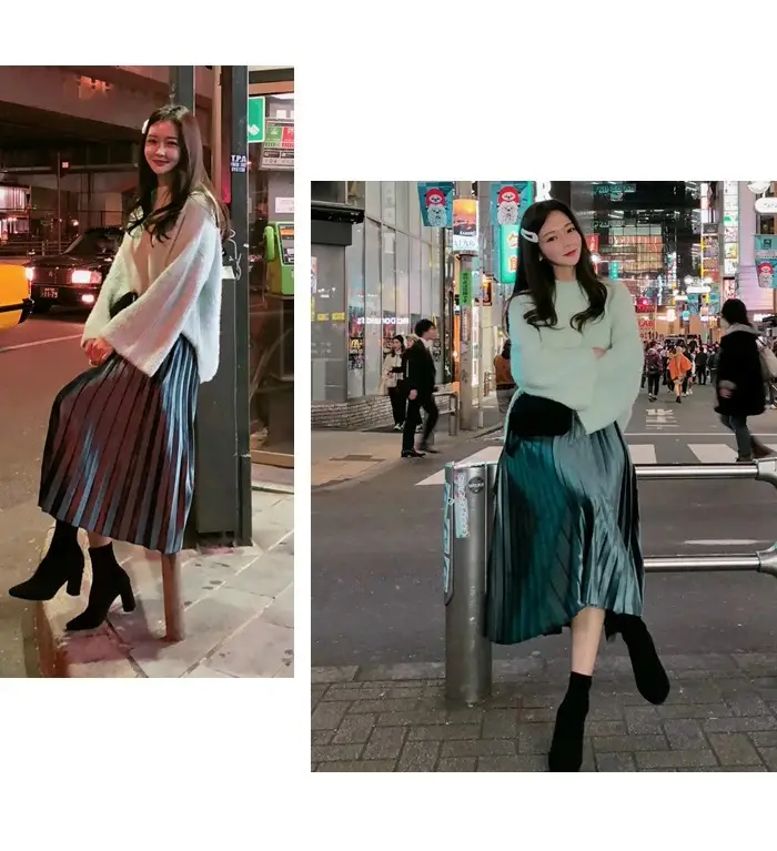 Gold Velvet Pleated Skirt Mid Length A-Line — feature 30