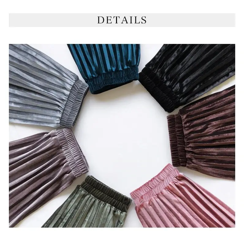 Gold Velvet Pleated Skirt Mid Length A-Line — feature 32