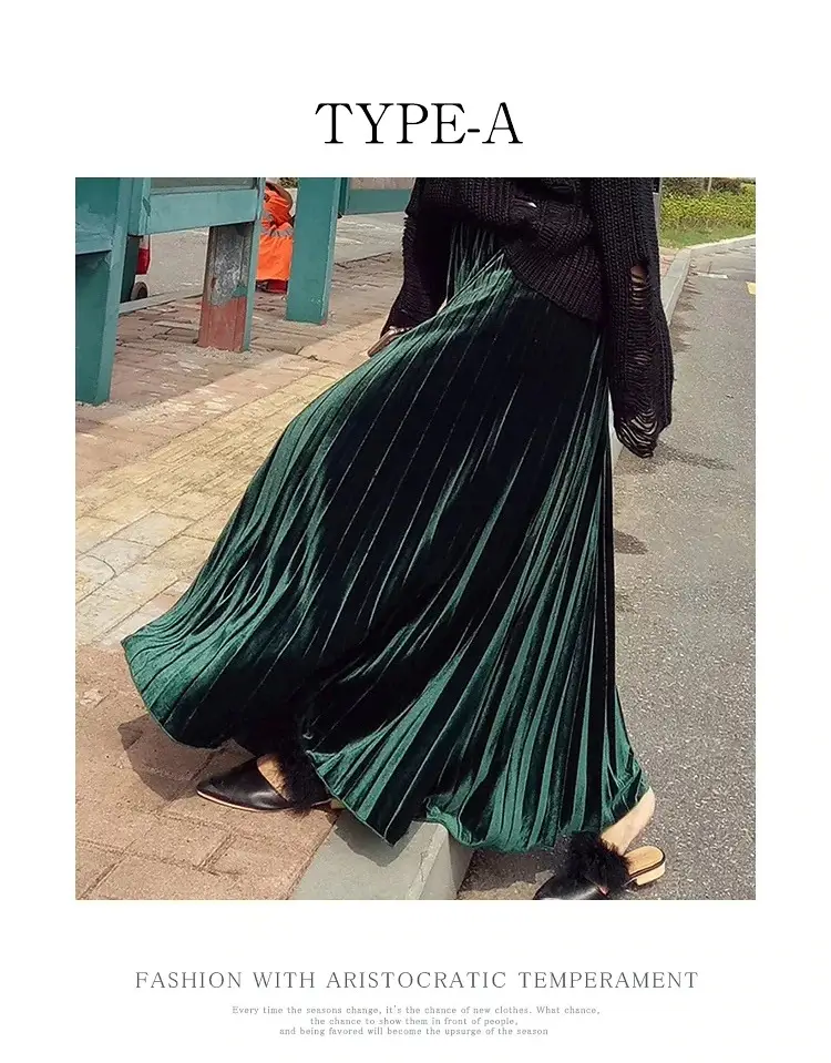 Gold Velvet Pleated Skirt Mid Length A-Line — feature 5