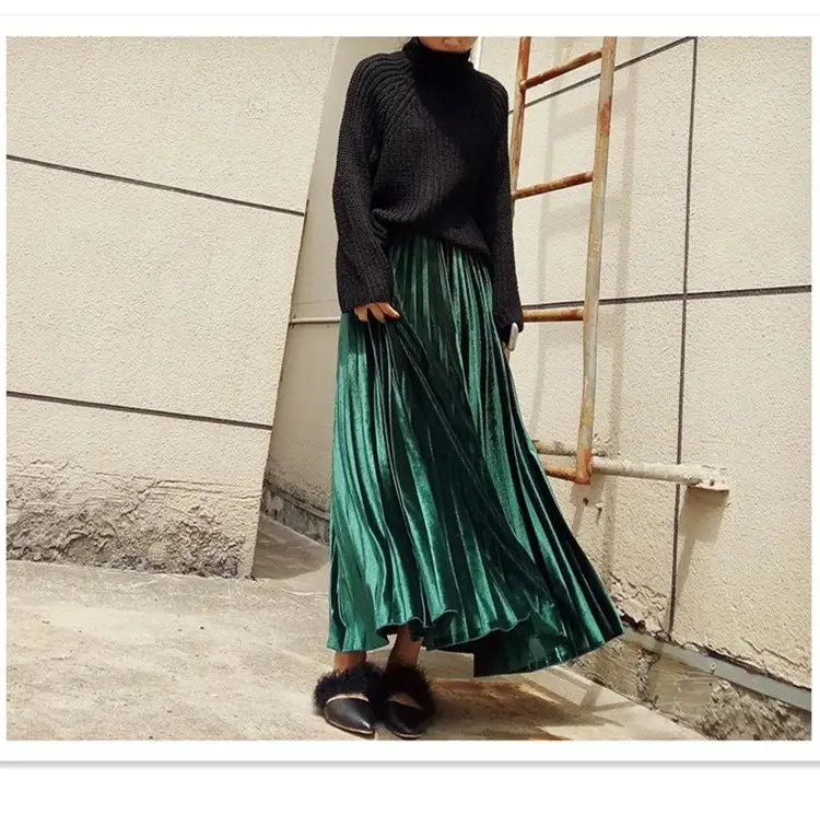 Gold Velvet Pleated Skirt Mid Length A-Line — feature 6