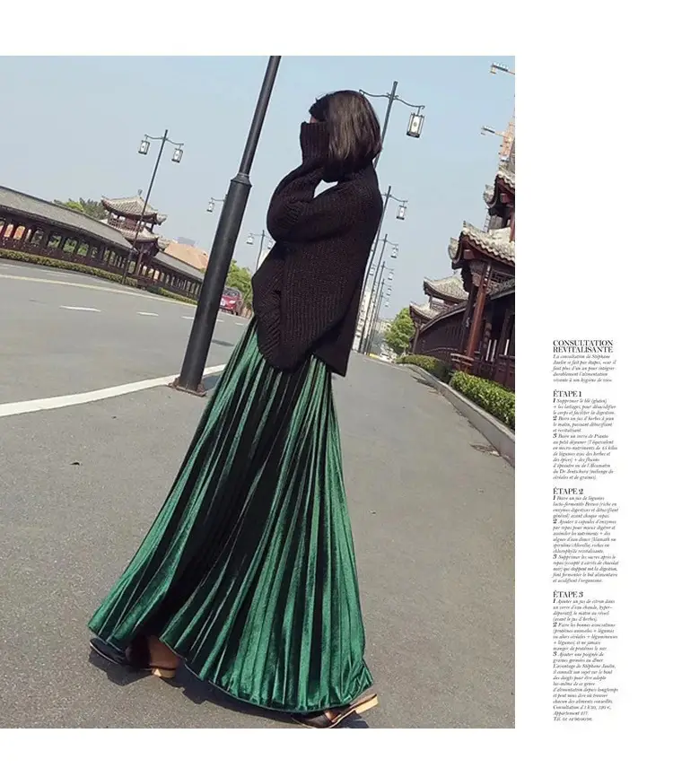 Gold Velvet Pleated Skirt Mid Length A-Line — feature 7