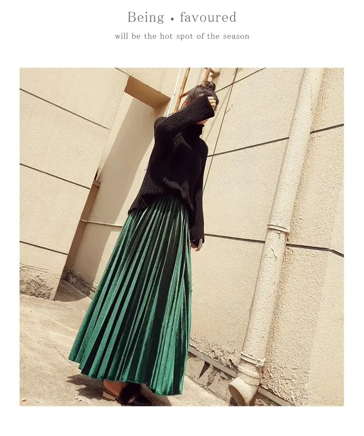 Gold Velvet Pleated Skirt Mid Length A-Line — feature 8
