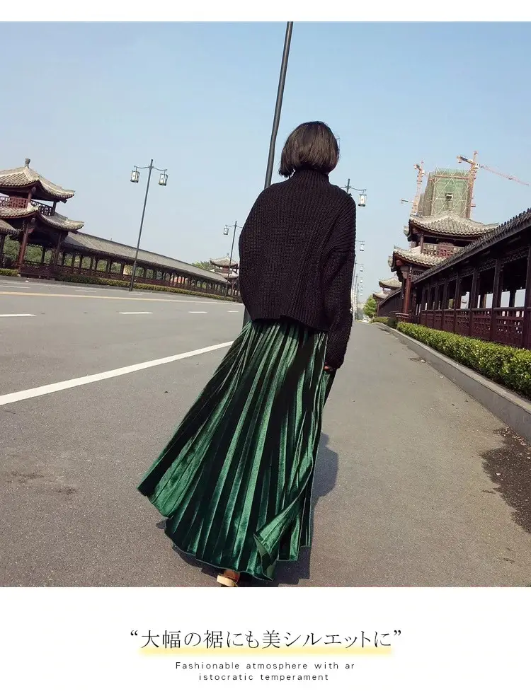 Gold Velvet Pleated Skirt Mid Length A-Line — feature 9