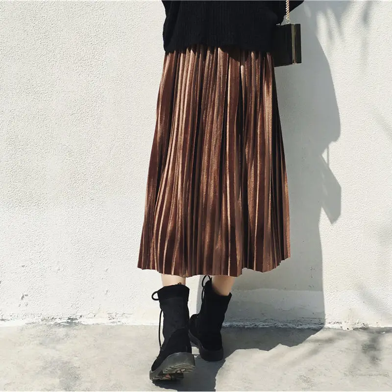Gold Velvet Pleated Skirt Mid Length A-Line