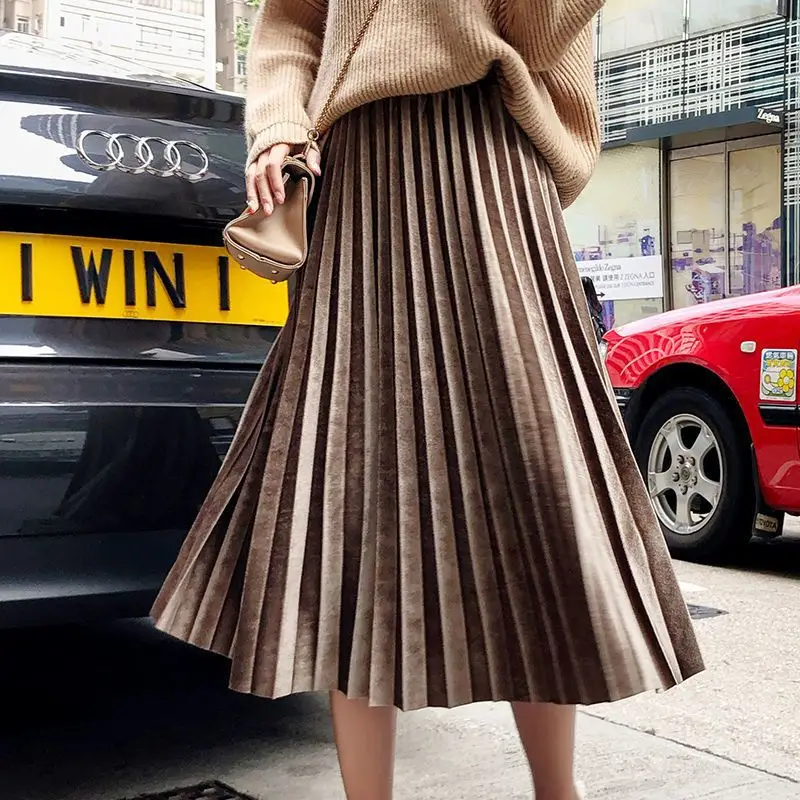 Gold Velvet Pleated Skirt Mid Length A-Line