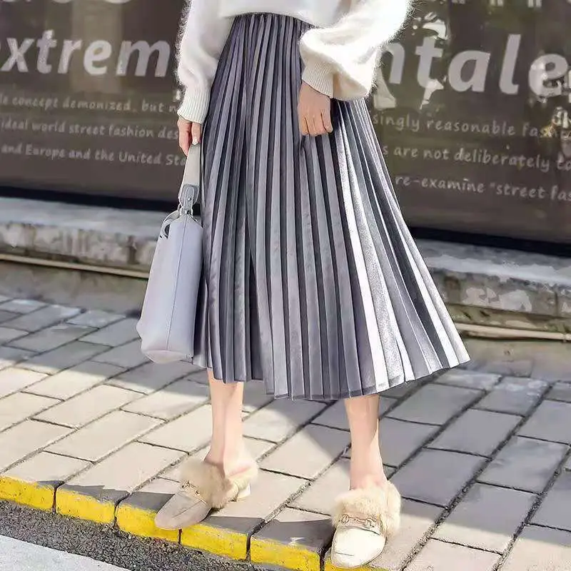 Gold Velvet Pleated Skirt Mid Length A-Line