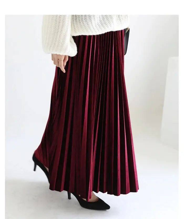 Gold Velvet Pleated Skirt Mid Length A-Line