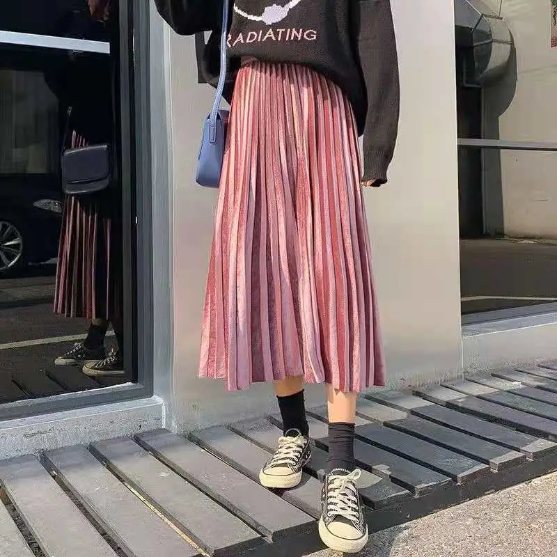 Gold Velvet Pleated Skirt Mid Length A-Line