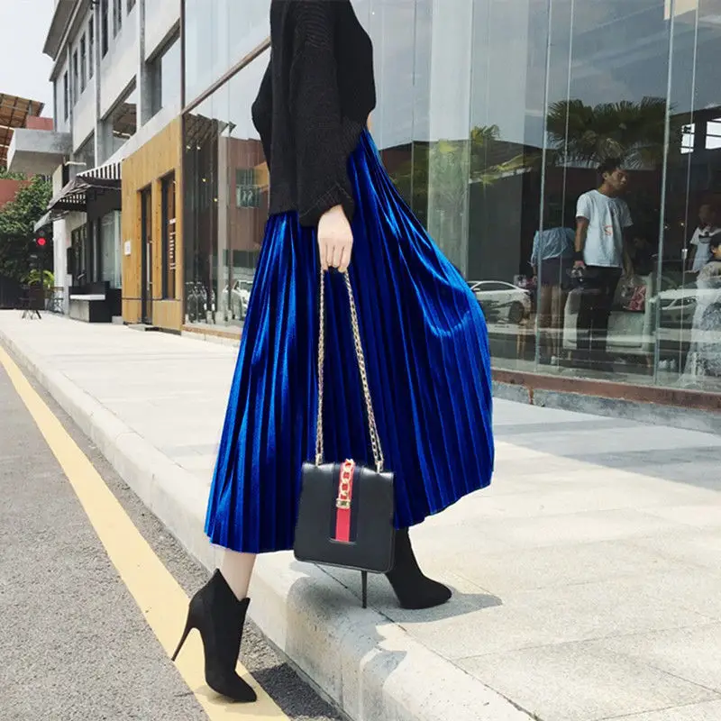 Gold Velvet Pleated Skirt Mid Length A-Line