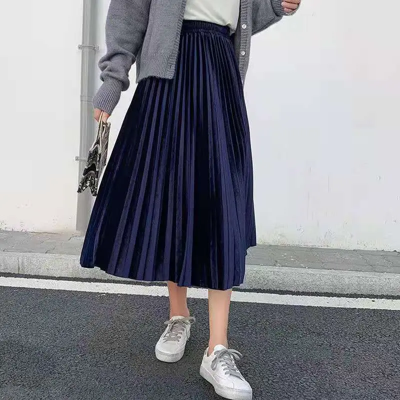 Gold Velvet Pleated Skirt Mid Length A-Line