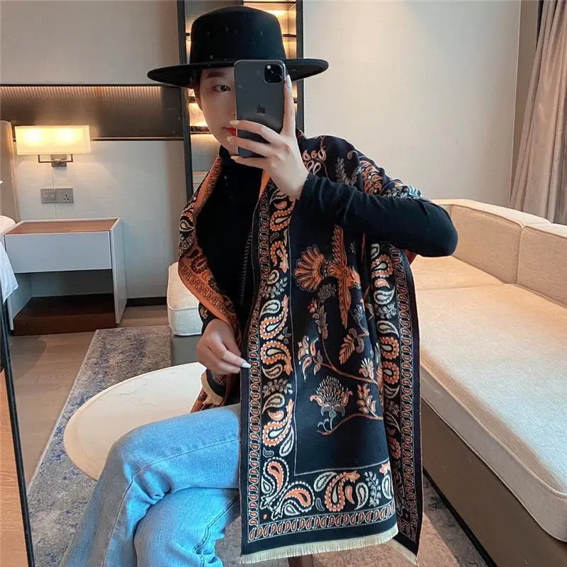 Women's Cashmere Floral Shawl Winter Decorative Scarf - Image 5