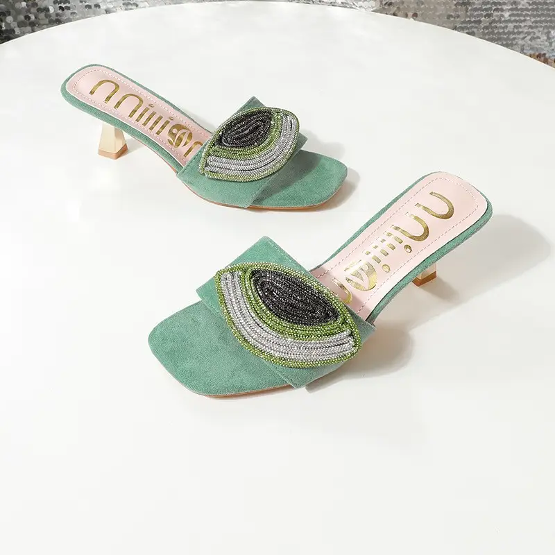 African High-Heeled Women's Slippers and Sandals, Women's Thin-Heeled Outdoor Wear Rhinestone Slippers Heel, European and American Style Square Toe - Image 11