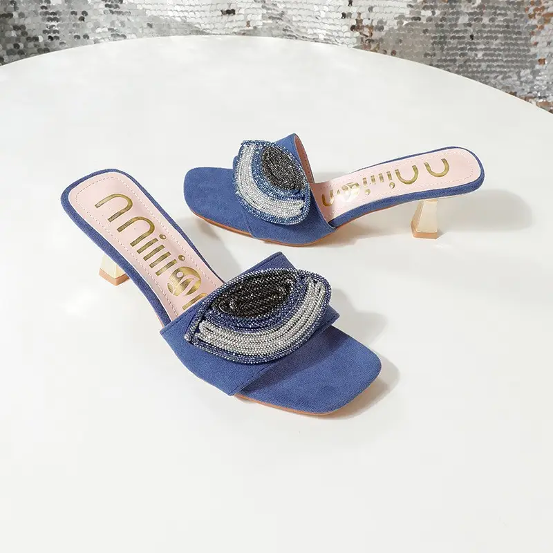 African High-Heeled Women's Slippers and Sandals, Women's Thin-Heeled Outdoor Wear Rhinestone Slippers Heel, European and American Style Square Toe - Image 12