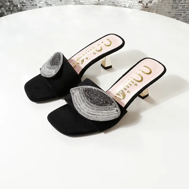 African High-Heeled Women's Slippers and Sandals, Women's Thin-Heeled Outdoor Wear Rhinestone Slippers Heel, European and American Style Square Toe - Image 13