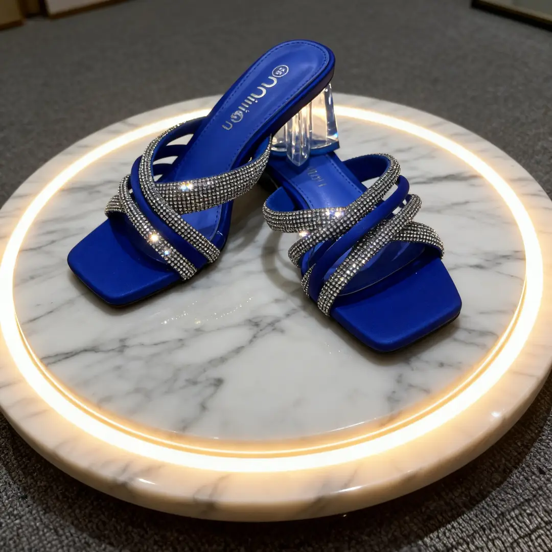 African High-Heeled Women's Slippers and Sandals, Women's Thin-Heeled Outdoor Wear Rhinestone Slippers Heel, European and American Style Square Toe - Image 2