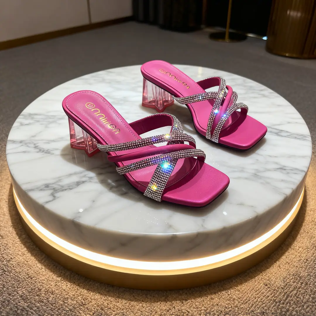 African High-Heeled Women's Slippers and Sandals, Women's Thin-Heeled Outdoor Wear Rhinestone Slippers Heel, European and American Style Square Toe - Image 3