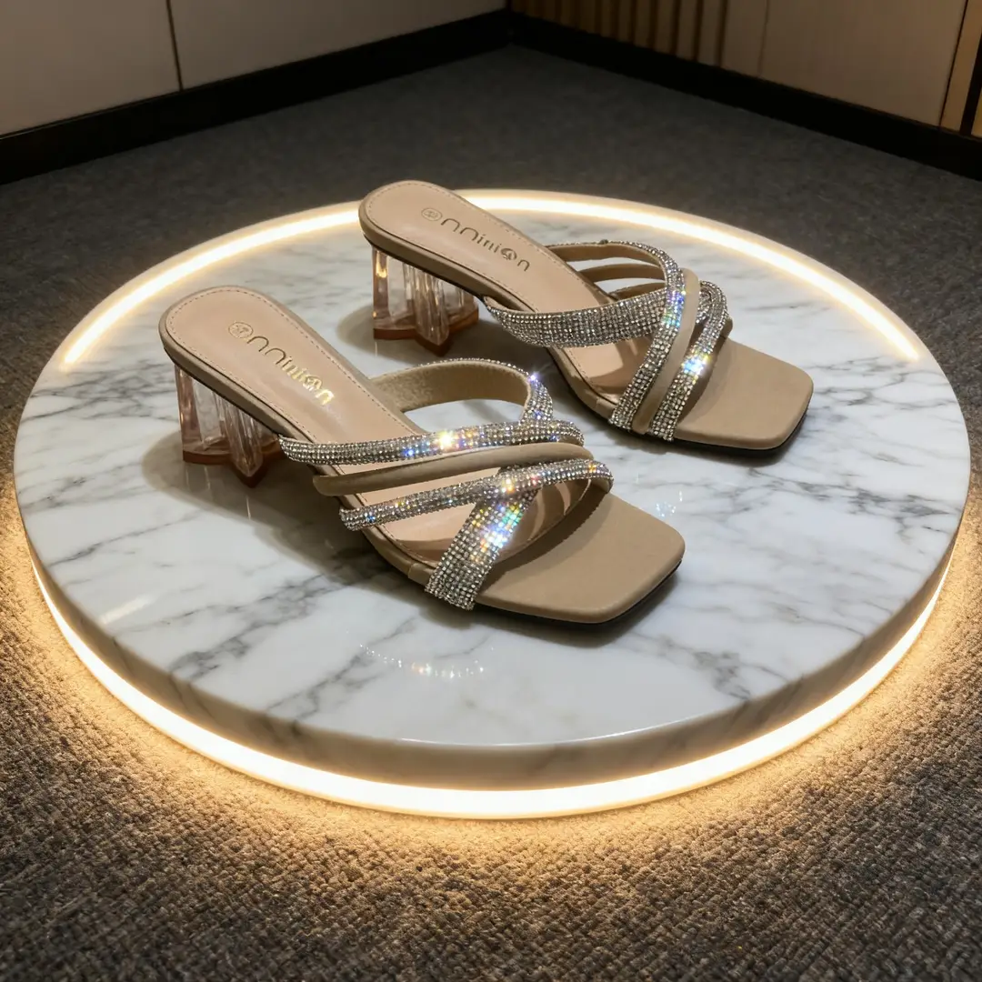 African High-Heeled Women's Slippers and Sandals, Women's Thin-Heeled Outdoor Wear Rhinestone Slippers Heel, European and American Style Square Toe - Image 4