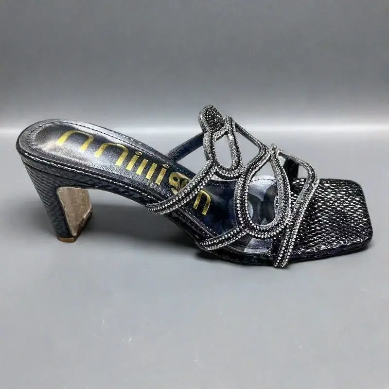 African High-Heeled Women's Slippers and Sandals, Women's Thin-Heeled Outdoor Wear Rhinestone Slippers Heel, European and American Style Square Toe - Image 5
