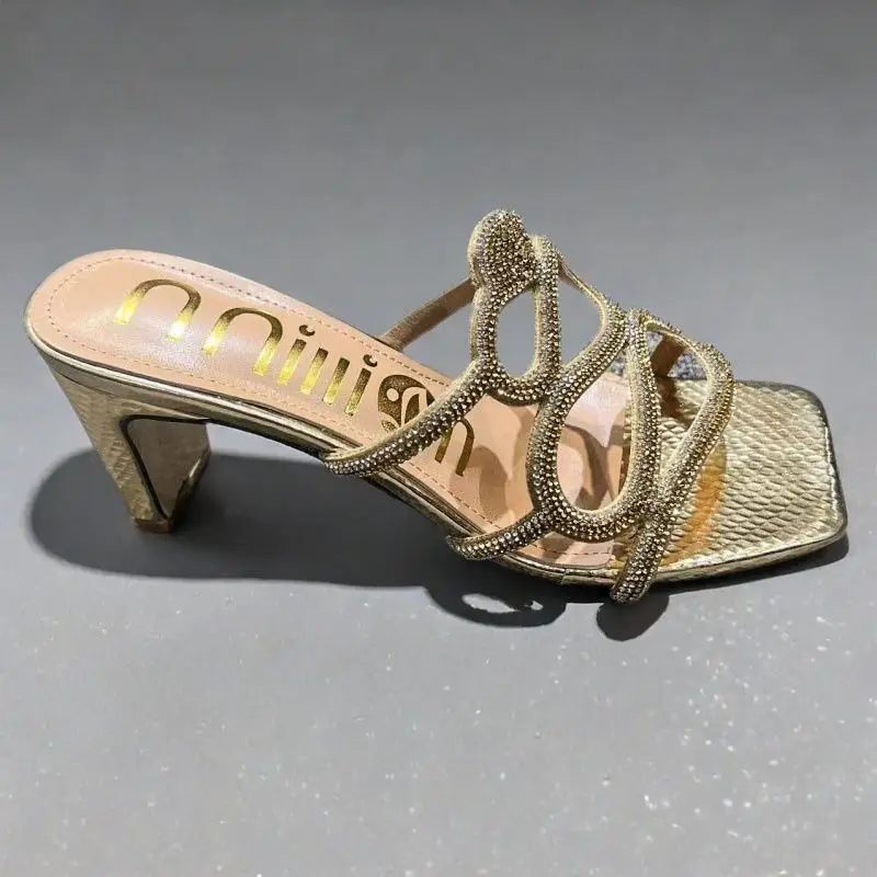 African High-Heeled Women's Slippers and Sandals, Women's Thin-Heeled Outdoor Wear Rhinestone Slippers Heel, European and American Style Square Toe - Image 8