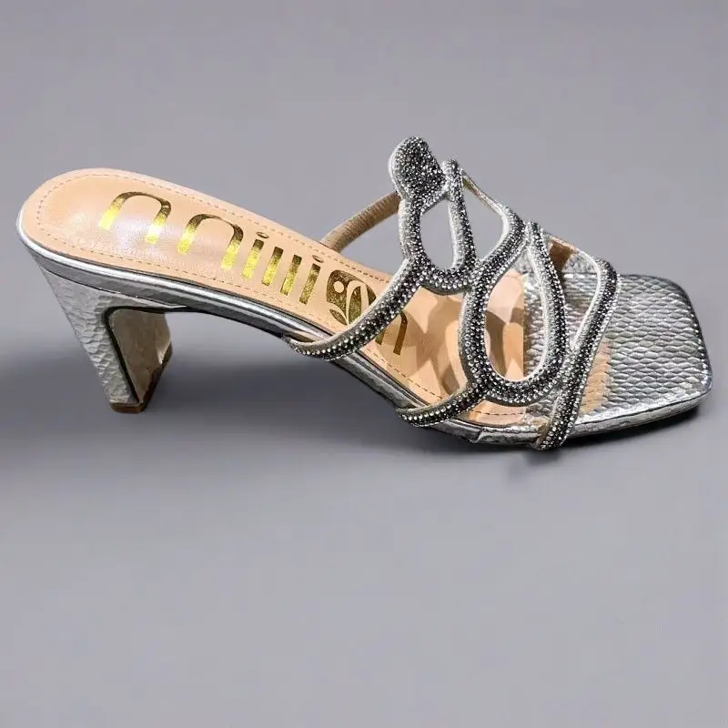 African High-Heeled Women's Slippers and Sandals, Women's Thin-Heeled Outdoor Wear Rhinestone Slippers Heel, European and American Style Square Toe - Image 9