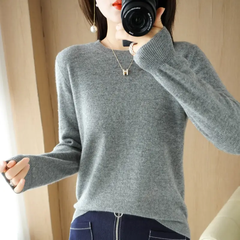Women Grey Crewneck Sweater Slim Fit Long Sleeve - Image 12