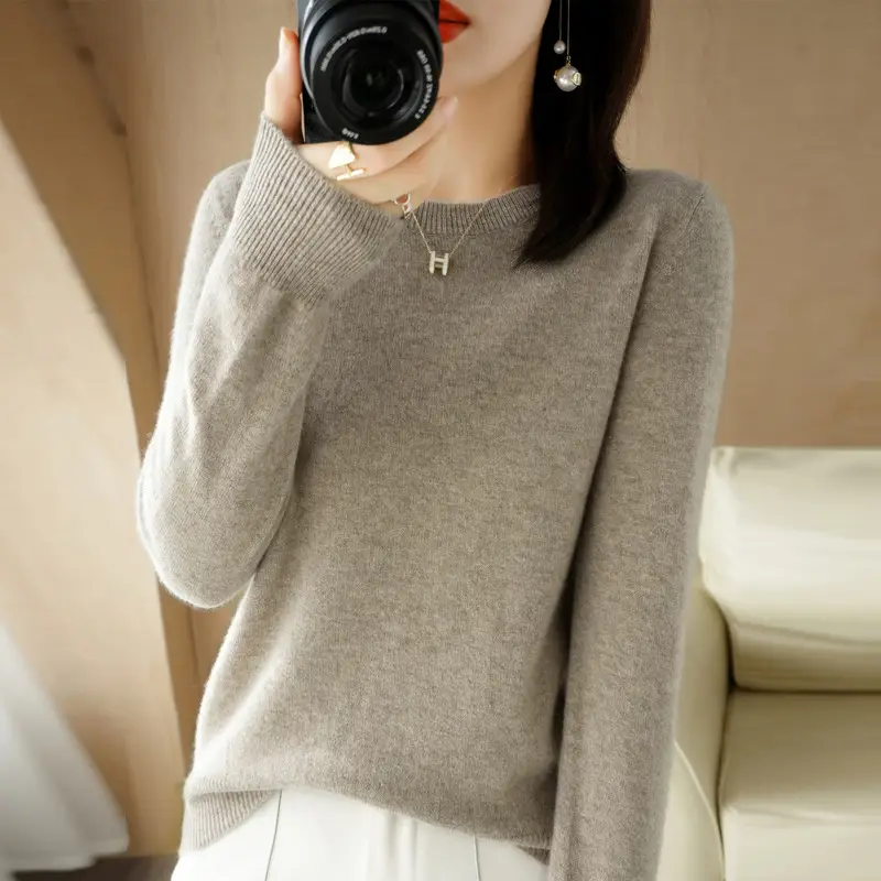 Women Grey Crewneck Sweater Slim Fit Long Sleeve - Image 3