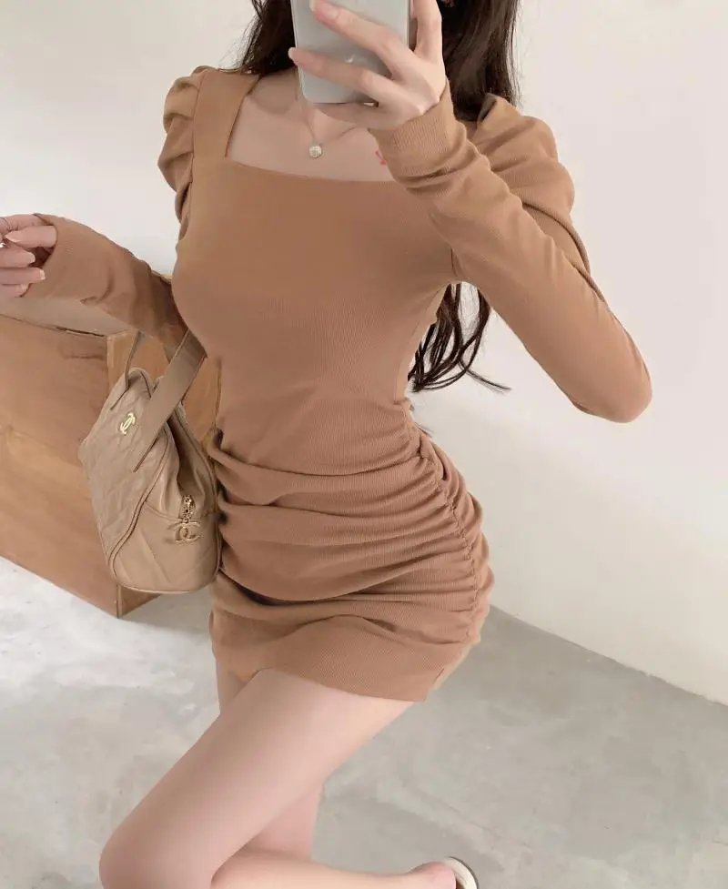 Women Puff Sleeve Pleated Skirt Brown