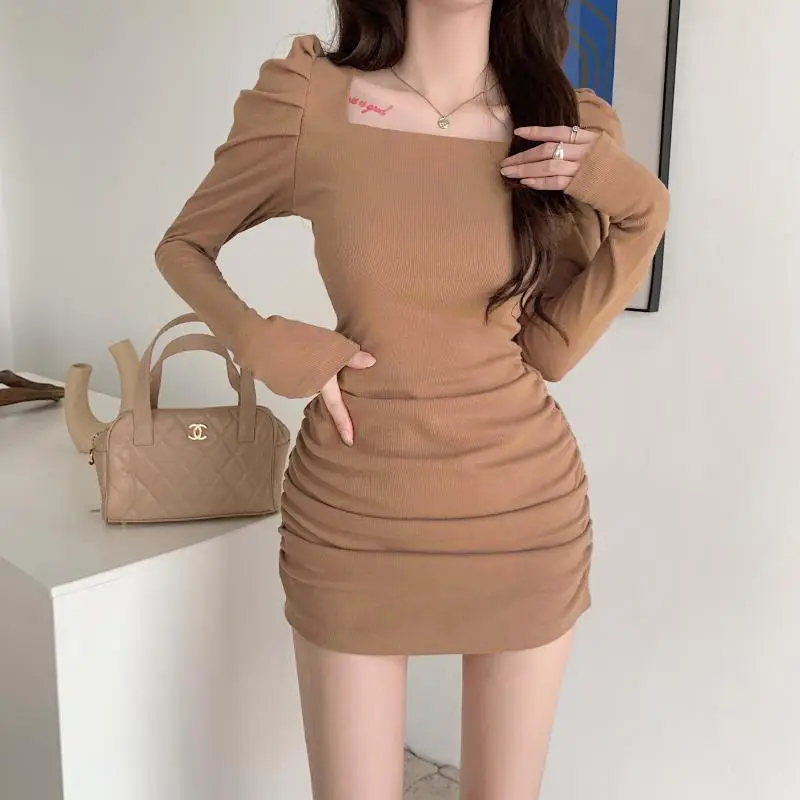 Women Puff Sleeve Pleated Skirt Brown — feature 7