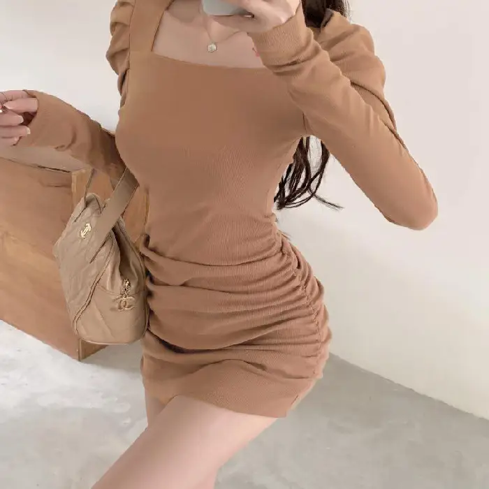 Women Puff Sleeve Pleated Skirt Brown