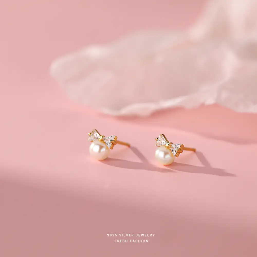 S925 Sterling Silver Bow Pearl Earrings for Women - Image 2