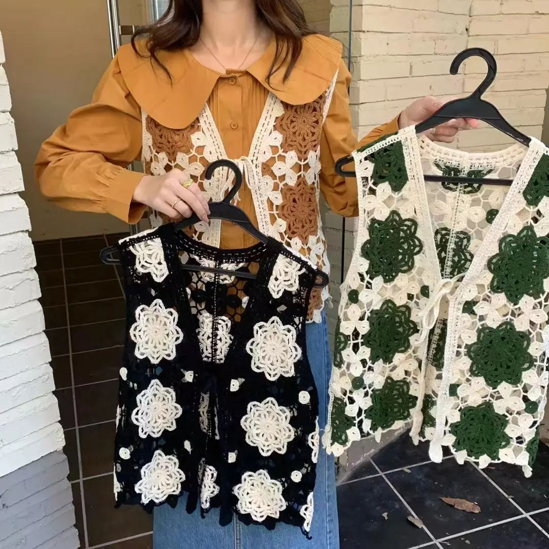 Women's Green Lace-Up Hollow Knitted Vest - Image 9