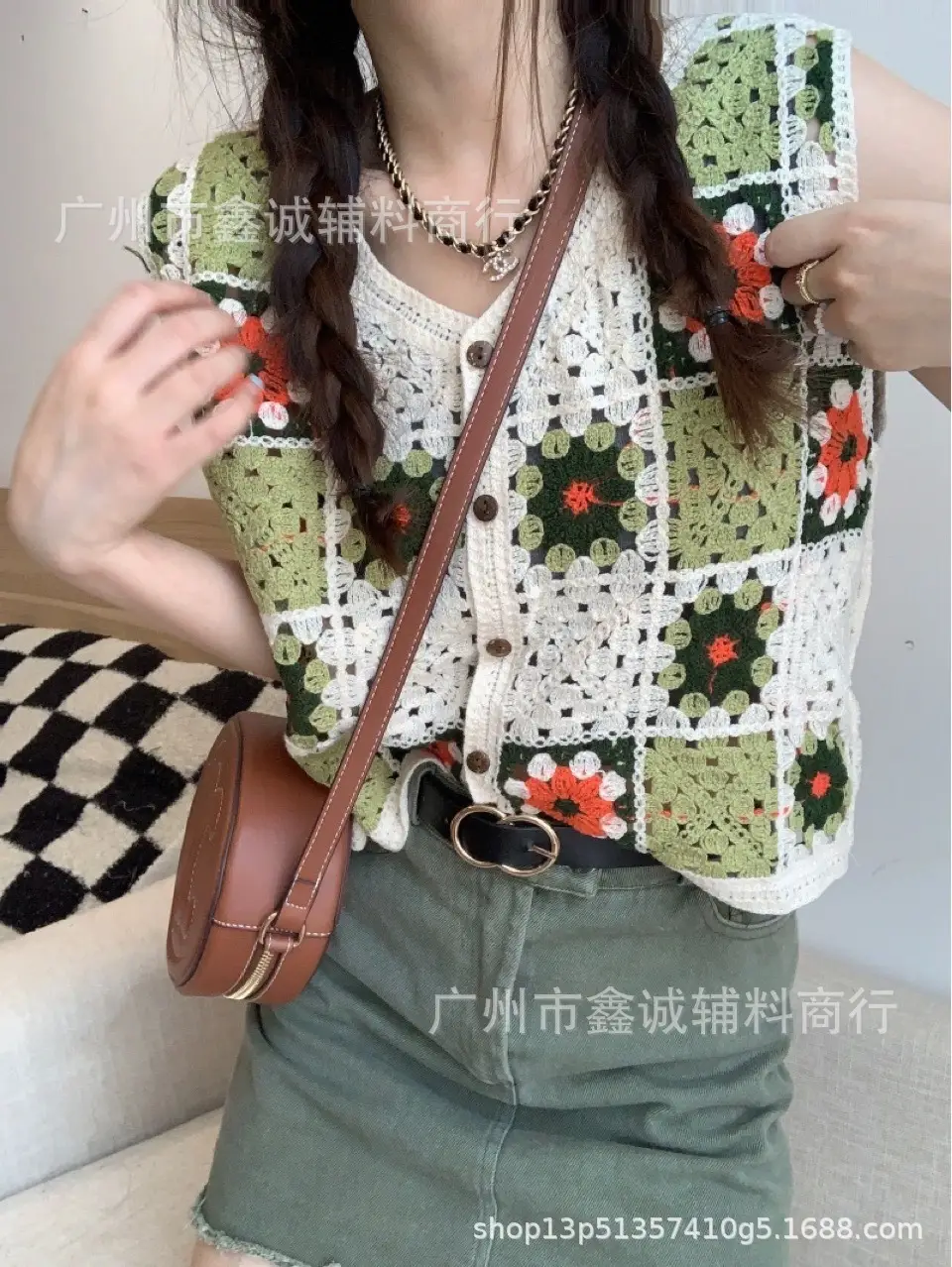 Women's Green Lace-Up Hollow Knitted Vest - Image 6