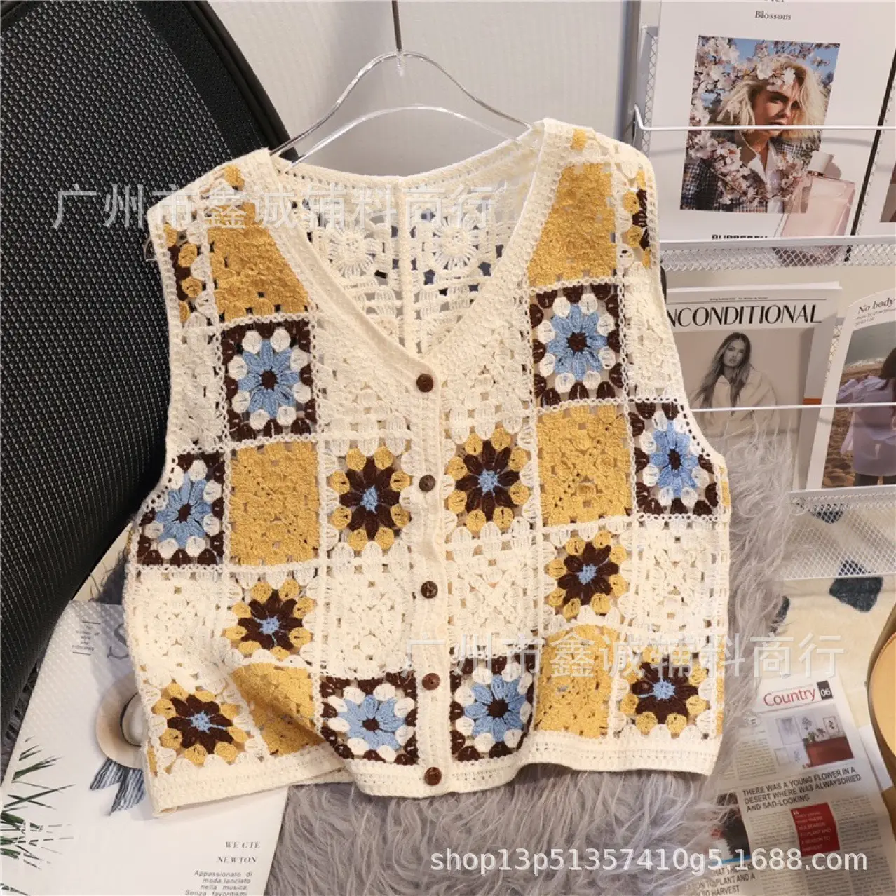 Women's Green Lace-Up Hollow Knitted Vest - Image 7