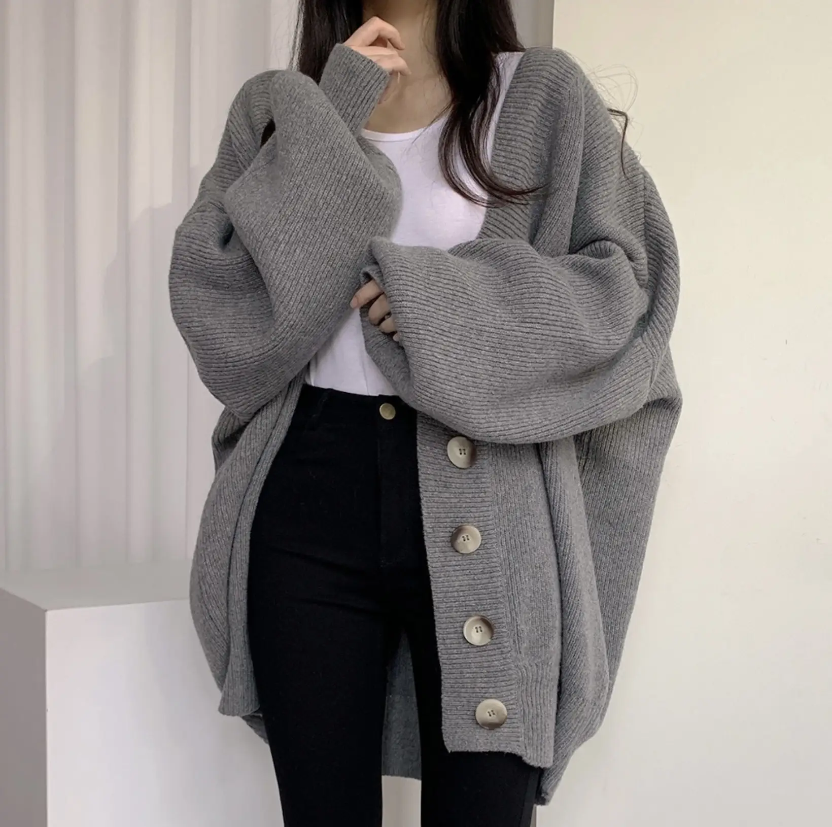 Women Knitted V-Neck Cardigan Sweater Coat Grey - Image 4