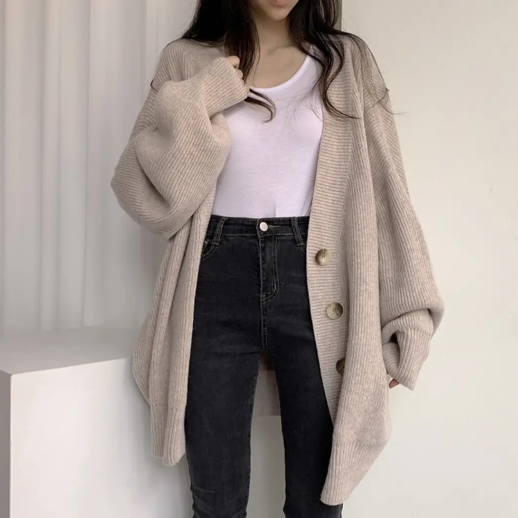 Women Knitted V-Neck Cardigan Sweater Coat Grey - Image 5
