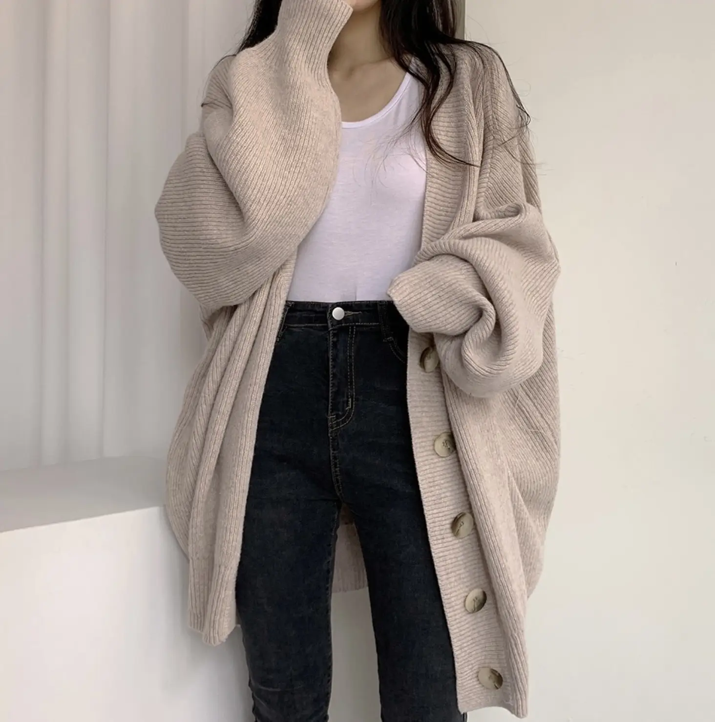 Women Knitted V-Neck Cardigan Sweater Coat Grey - Image 7