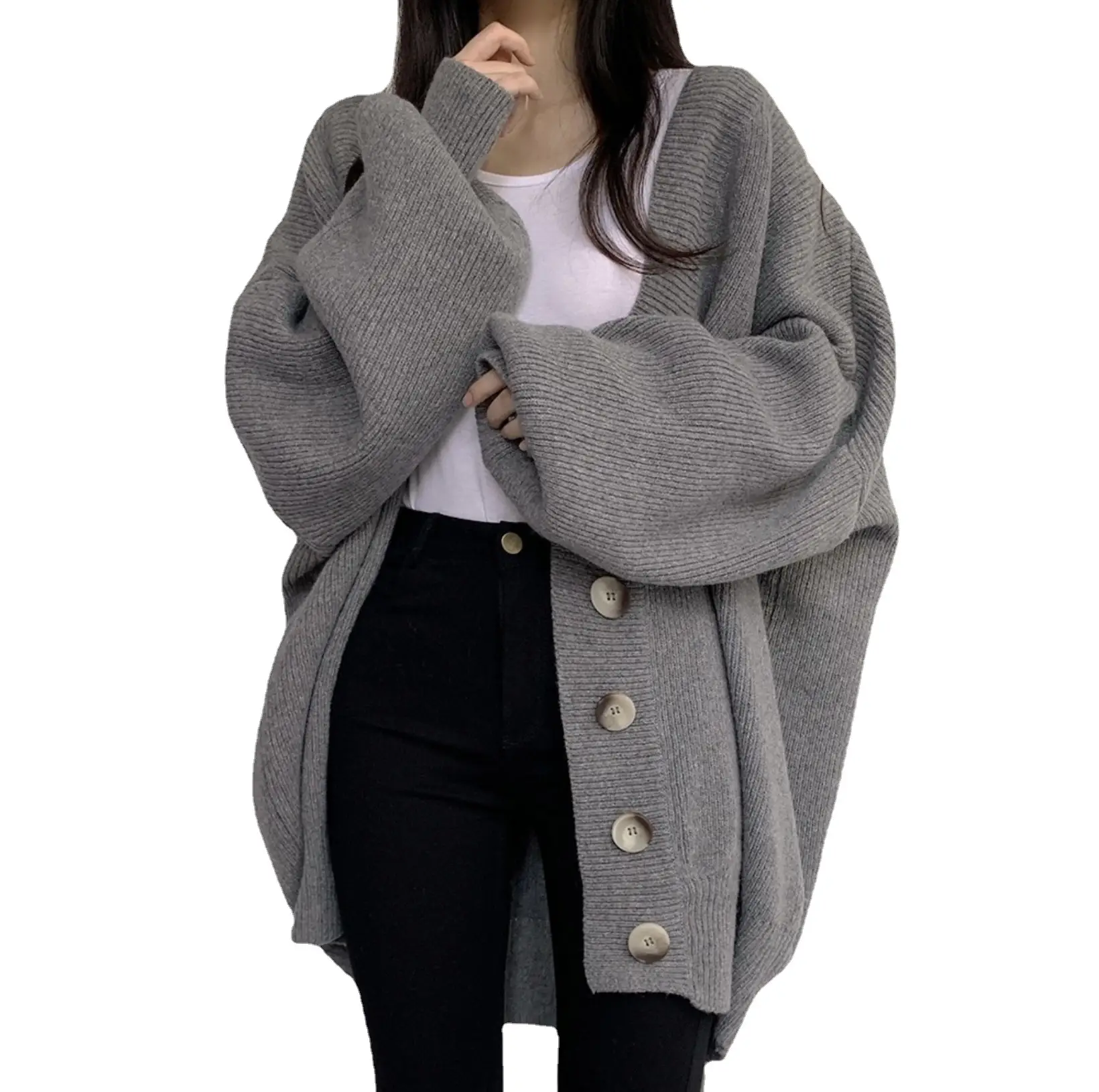 Women Knitted V-Neck Cardigan Sweater Coat Grey - Image 8