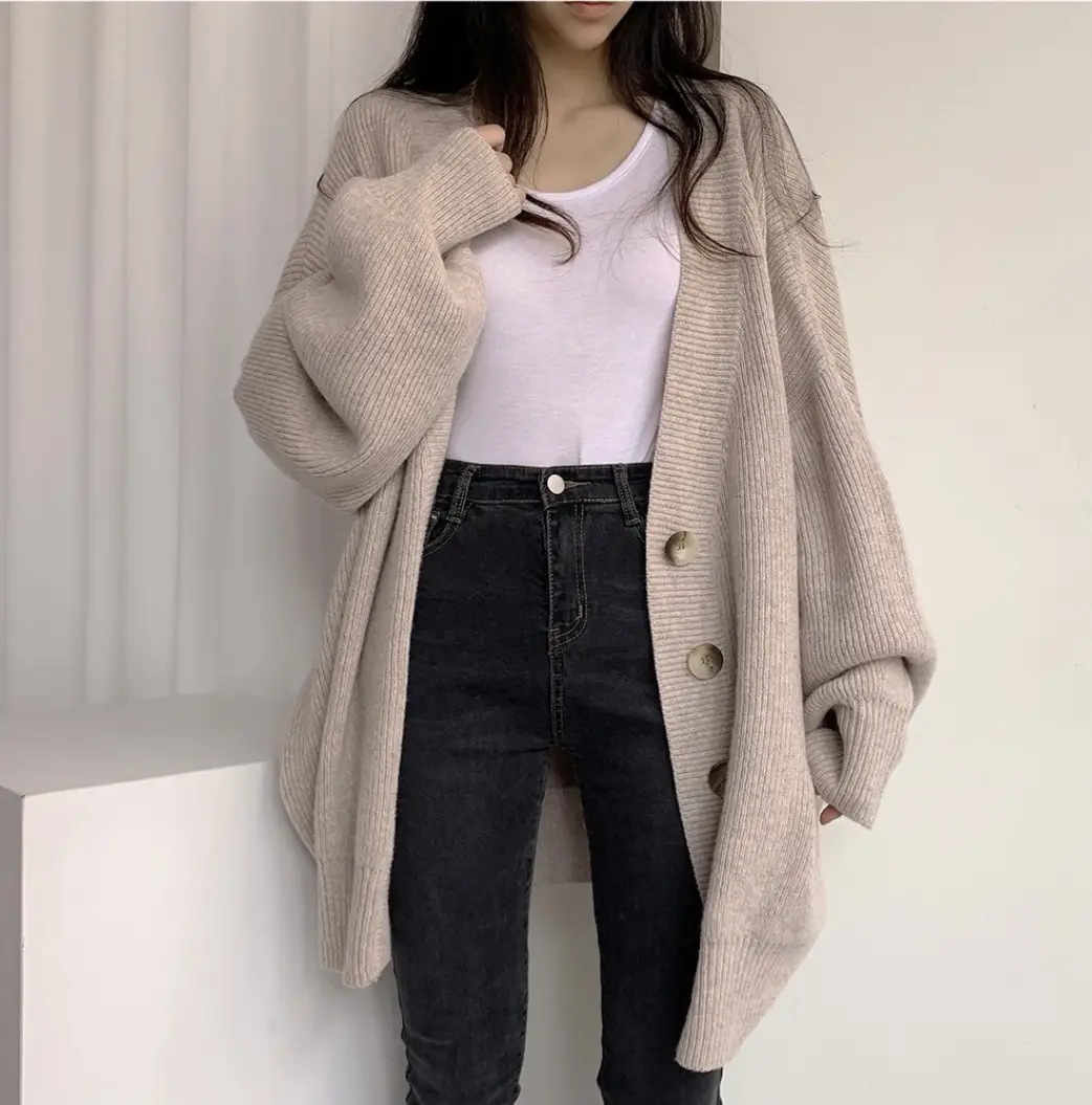 Women Knitted V-Neck Cardigan Sweater Coat Grey - Image 2