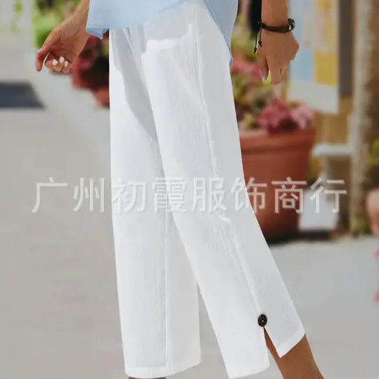 Women Cross-Border Cotton Linen Cropped Pants White Elastic Waist - Image 8
