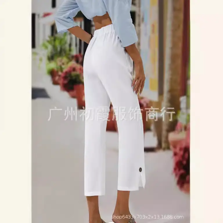 Women Cross-Border Cotton Linen Cropped Pants White Elastic Waist - Image 9