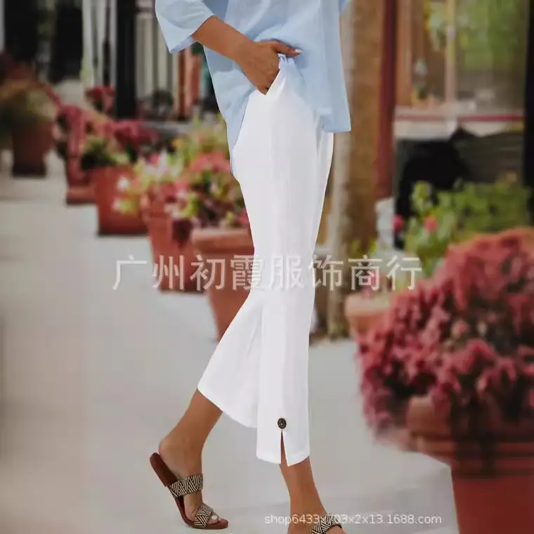 Women Cross-Border Cotton Linen Cropped Pants White Elastic Waist - Image 10